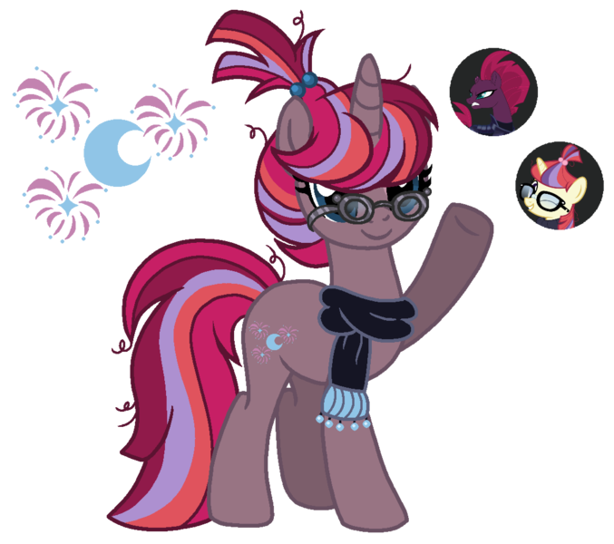 Size: 1128x999 | Tagged: safe, artist:madlilon2051, derpibooru import, moondancer, tempest shadow, pony, base used, clothes, crack ship offspring, eyelashes, glasses, image, magical lesbian spawn, messy mane, offspring, parent:moondancer, parent:tempest shadow, png, raised hoof, scarf, simple background, smiling, transparent background