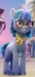 Size: 320x688 | Tagged: safe, derpibooru import, screencap, pony, unicorn, clothes, cute, female, g5, glasses, glow, glowing horn, grin, hooves, horn, image, magic, mare, maretime bay, periwinkle pi, png, scarf, smiling, solo