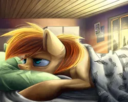 Size: 2500x2000 | Tagged: safe, artist:bakud, derpibooru import, oc, unofficial characters only, earth pony, pony, bags under eyes, bed, blanket, earth pony oc, female, image, indoors, mare, morning ponies, pillow, png, sleepy, solo, tired