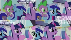 Size: 4400x2475 | Tagged: safe, derpibooru import, edit, edited screencap, editor:quoterific, screencap, minuette, spike, twilight sparkle, twilight sparkle (alicorn), alicorn, dragon, pony, unicorn, amending fences, season 5, ^^, cute, eyes closed, female, floppy ears, image, male, mare, minubetes, offscreen character, open mouth, open smile, png, smiling