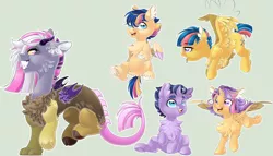 Size: 7056x4047 | Tagged: safe, artist:schokocream, derpibooru import, oc, unofficial characters only, alicorn, draconequus, hybrid, pegasus, pony, alicorn oc, chest fluff, draconequus oc, female, filly, flying, grin, horn, image, interspecies offspring, offspring, parent:discord, parent:flash sentry, parent:twilight sparkle, parents:discolight, parents:flashlight, pegasus oc, png, simple background, smiling, smirk, wings