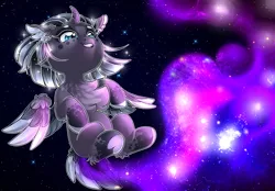 Size: 2834x1971 | Tagged: safe, artist:schokocream, derpibooru import, oc, unofficial characters only, alicorn, pony, alicorn oc, chest fluff, colored wings, ear fluff, ethereal mane, female, flying, galaxy mane, horn, image, mare, parent:princess luna, png, solo, two toned wings, underhoof, wings