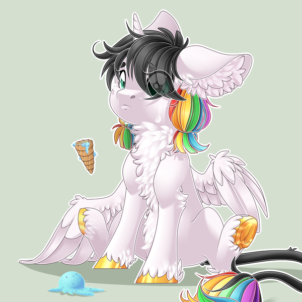 Size: 2834x2834 | Tagged: safe, artist:schokocream, derpibooru import, oc, oc:lightning bliss, unofficial characters only, alicorn, pony, chest fluff, dropped ice cream, eye clipping through hair, female, hoof polish, ice cream cone, image, mare, multicolored hair, png, rainbow hair, simple background, sitting