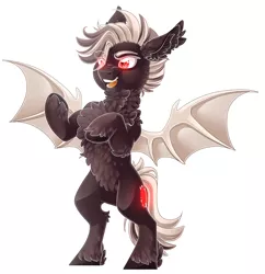 Size: 2830x2925 | Tagged: safe, artist:schokocream, derpibooru import, oc, unofficial characters only, bat pony, pony, bat pony oc, bat wings, chest fluff, ear fluff, image, png, rearing, simple background, smiling, solo, spread wings, unshorn fetlocks, white background, wings