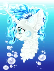 Size: 2834x3685 | Tagged: safe, artist:schokocream, derpibooru import, oc, unofficial characters only, pony, unicorn, bust, chest fluff, ear fluff, female, image, mare, png, smiling, solo, underwater