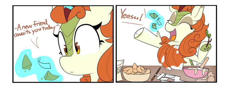 Size: 3722x1448 | Tagged: safe, artist:icey, derpibooru import, autumn blaze, kirin, autumn blaze's puppet, cooking, cute, flour, fortune cookie, image, png, sad, sadorable