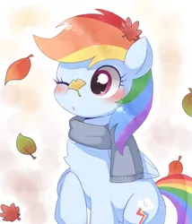 Size: 1642x1916 | Tagged: safe, artist:ginmaruxx, derpibooru import, rainbow dash, pegasus, pony, :o, autumn, autumn leaves, blushing, clothes, cute, dashabetes, female, image, leaf, leaves, one eye closed, open mouth, png, scarf, solo