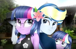 Size: 2300x1500 | Tagged: safe, artist:aryatheeditor, derpibooru import, sci-twi, twilight sparkle, oc, oc:nightfall sparkle, oc:velodash, equestria girls, bare shoulders, beautiful, bedroom eyes, bust, canon x oc, clothes, cute, digital art, dress, element of magic, family, family photo, female, flower, flower in hair, geode of telekinesis, glasses, headcanon, image, looking up, magical geodes, outfit, png, powerful sparkle, purple hair, sleeveless, sleeveless dress, sleeveless turtleneck, smiling, twiabetes