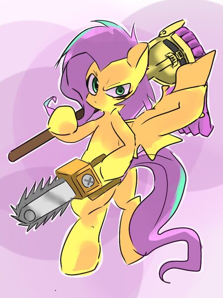Size: 768x1024 | Tagged: safe, artist:pnpn_721, derpibooru import, fluttershy, pegasus, pony, .mov, shed.mov, badass, bipedal, chainsaw, crossing the memes, female, flutterbadass, fluttermop, fluttershed, image, jpeg, looking at you, mare, meme, mop, solo, spread wings, wings