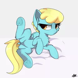Size: 3000x3000 | Tagged: suggestive, artist:starmaster, derpibooru import, sassaflash, pegasus, pony, background pony, bed, commission, dock, featureless crotch, female, image, mare, on bed, png, raised leg, solo, spread legs, spreading, tail, underhoof, ych result