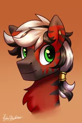 Size: 2000x3000 | Tagged: oc name needed, safe, artist:jedayskayvoker, derpibooru import, hybrid, pony, zony, bust, cute, icon, image, looking at you, male, patreon, patreon reward, piercing, png, portrait, solo, stallion, stripes, zony oc