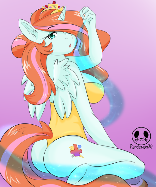 Size: 3445x4134 | Tagged: suggestive, artist:panda-man90, author:bigonionbean, derpibooru import, fleur-de-lis, lightning dust, nurse redheart, sassy saddles, oc, oc:princess healing glory, unofficial characters only, alicorn, anthro, pegasus, pony, unguligrade anthro, alicorn oc, alicorn princess, anthro oc, ass, breasts, butt, clothes, commission, commissioner:bigonionbean, crown, cutie mark, eyebrows, female, flank, fusion, fusion: princess healing glory, gradient background, high res, horn, image, jewelry, large butt, looking at you, looking back, magic, mare, one-piece swimsuit, open-back swimsuit, pasties, pegasus oc, plot, png, pose, regalia, solo, swimsuit, tail, tail swish, thicc ass, wings