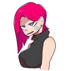 Size: 768x768 | Tagged: safe, artist:metaruscarlet, derpibooru import, pinkie pie, human, alternate hairstyle, bandaid, breasts, clothes, ear piercing, earring, eyeshadow, fangs, female, humanized, image, jewelry, makeup, open mouth, piercing, pinkamena diane pie, png, simple background, sleeveless, sleeveless sweater, solo, sweater, transparent background