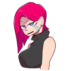 Size: 768x768 | Tagged: semi-grimdark, alternate version, artist:metaruscarlet, derpibooru import, pinkie pie, human, alternate hairstyle, bandaid, blood, breasts, clothes, ear piercing, earring, eyeshadow, fangs, female, humanized, image, jewelry, makeup, open mouth, piercing, pinkamena diane pie, png, simple background, sleeveless, sleeveless sweater, solo, sweater, transparent background