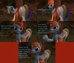 Size: 3840x3240 | Tagged: safe, artist:sexy rd, derpibooru import, rainbow dash, pegasus, pony, series:ask sexy rainbow dash, 3d, alternate universe, angry, ask, butt, comic, dialogue, female, folded wings, forest, grammar error, happy, help, help me, high res, image, large butt, lidded eyes, looking back, mare, multicolored hair, multicolored mane, multicolored tail, plot, png, rainbow hair, rainbow tail, rainbutt dash, revamped ponies, solo, source filmmaker, stuck, tail, tree, wings