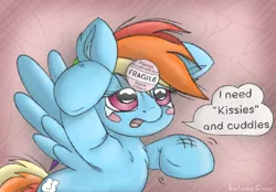 Size: 2208x1536 | Tagged: safe, artist:ledwine glass, derpibooru import, rainbow dash, fluffy pony, pegasus, pony, blushing, commission, crying, cute, fluffy, g4, image, kissy face, messy mane, open mouth, ouch, png, sad, sadorable, solo, spread wings, standing, standing on two hooves, standing up, sticker, text, wings, ych example, your character here