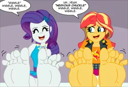 Size: 1993x1363 | Tagged: suggestive, artist:niban-destikim, derpibooru import, rarity, sunset shimmer, equestria girls, barefoot, cute, dialogue, duo, duo female, eyes closed, feet, female, fetish, foot fetish, giggling, happy, image, jpeg, open mouth, open smile, raribetes, shimmerbetes, shy, smiling, soles, toes, wiggling toes