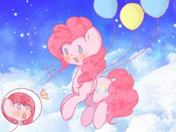 Size: 900x675 | Tagged: safe, artist:mieumieu123123, derpibooru import, pinkie pie, earth pony, pony, balloon, beady eyes, cloud, cute, cuteamena, diapinkes, duality, female, floating, flying, image, jpeg, mare, open mouth, pinkamena diane pie, sky, then watch her balloons lift her up to the sky, whisker markings