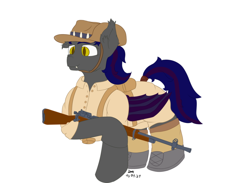 Size: 4000x3000 | Tagged: safe, artist:donnik, derpibooru import, oc, oc:firestarter, bat pony, pony, australian, clothes, gun, image, lee enfield, png, rifle, solo, uniform, weapon