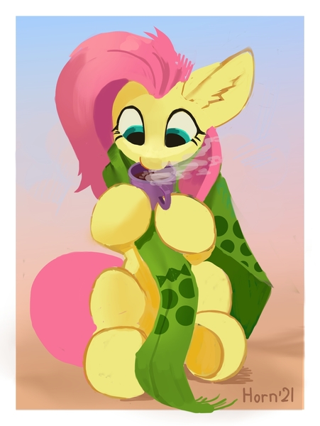 Size: 1520x2022 | Tagged: safe, artist:hornmlp, derpibooru import, fluttershy, pegasus, pony, clothes, cup, cute, drink, drinking, ear fluff, female, food, hoof hold, hot drink, image, jpeg, looking at something, looking down, mare, mug, scarf, shyabetes, sitting, solo, steam, tea, teacup, underhoof