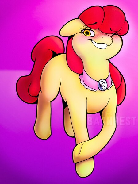 Size: 1536x2048 | Tagged: safe, alternate version, artist:barnnest, derpibooru import, apple bloom, earth pony, pony, the last problem, abstract background, blushing, female, floppy ears, goldie delicious' shawl, grin, image, jpeg, mare, older, one eye closed, shawl, smiling, solo