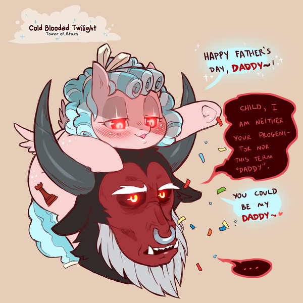 Size: 1200x1200 | Tagged: safe, artist:cold-blooded-twilight, derpibooru import, cozy glow, lord tirek, beard, confetti, daddy kink, dialogue, eyeshadow, facial hair, fangs, freckles, glow, glowing eyes, image, implied foalcon, makeup, nose piercing, nose ring, piercing, png, simple background, speech bubble, spread wings, underage, underhoof, wingboner, wings