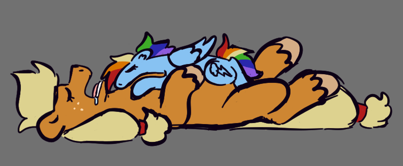 Size: 1590x653 | Tagged: safe, artist:tezzbot, derpibooru import, applejack, rainbow dash, earth pony, pegasus, pony, appledash, drool, female, gray background, image, lesbian, lying down, mare, on back, open mouth, png, prone, shipping, simple background, size difference, sleeping, snoring