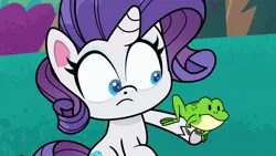 Size: 1920x1080 | Tagged: safe, derpibooru import, screencap, rarity, frog, pony, unicorn, a camping we will go, my little pony: pony life, spoiler:pony life s01e11, disturbed, female, image, jpeg, mare, surprised