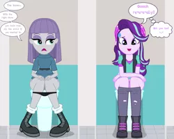 Size: 3750x3000 | Tagged: suggestive, anonymous artist, artist:lightning_musicwave, derpibooru import, maud pie, starlight glimmer, equestria girls, but why, clothes, collaboration, female, females only, fetish, image, panties, panties pulled down, png, speech bubble, toilet, underwear