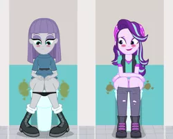 Size: 3750x3000 | Tagged: suggestive, alternate version, anonymous artist, artist:lightning_musicwave, derpibooru import, maud pie, starlight glimmer, equestria girls, blushing, but why, clothes, collaboration, fart, fart fetish, female, females only, fetish, image, panties, panties pulled down, png, toilet, underwear