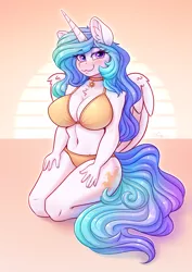 Size: 2480x3508 | Tagged: suggestive, artist:dandy, derpibooru import, princess celestia, alicorn, anthro, bedroom eyes, belly button, big breasts, blushing, bra, breasts, busty princess celestia, chest fluff, cleavage, clothes, ear fluff, female, high res, horn, image, kneeling, looking at you, panties, png, sexy, shoulder fluff, smiling, solo, solo female, underwear, wings