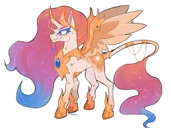 Size: 1021x782 | Tagged: safe, artist:dogstoof, derpibooru import, princess celestia, alicorn, pony, alternate design, facial hair, female, goatee, horn, horn jewelry, image, jewelry, mare, png, solo, tail, tail jewelry, twitterina design