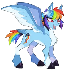 Size: 769x782 | Tagged: safe, artist:dogstoof, derpibooru import, rainbow dash, pegasus, pony, alternate design, chest fluff, female, image, mare, open mouth, open smile, png, simple background, smiling, solo, tail, tail feathers, transparent background, twitterina design