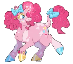 Size: 833x725 | Tagged: safe, artist:dogstoof, derpibooru import, pinkie pie, pony, unicorn, alternate design, bow, broken horn, chest fluff, colored hooves, hair bow, horn, image, leonine tail, multicolored hooves, open mouth, open smile, png, race swap, simple background, smiling, solo, tail, tail bow, transparent background, twitterina design, unicorn pinkie pie