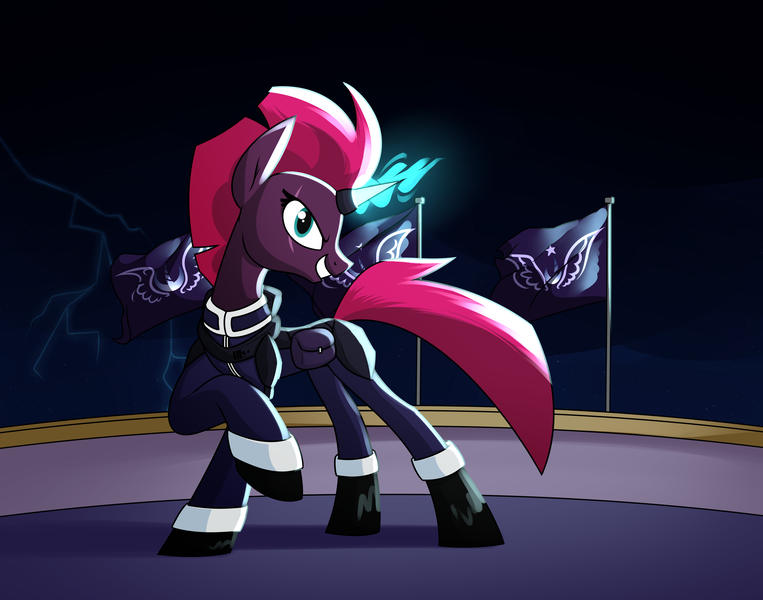 Size: 2840x2232 | Tagged: safe, artist:moonatik, derpibooru import, tempest shadow, pony, unicorn, alternate clothes, alternate timeline, armor, bag, boots, clothes, cloud, description is relevant, eye scar, female, flag, horn, image, lightning, lore in description, mare, military uniform, new lunar millennium, night, nightmare takeover timeline, png, prosthetic horn, prosthetics, saddle bag, scar, shoes, solo, tempest gets her horn back, uniform