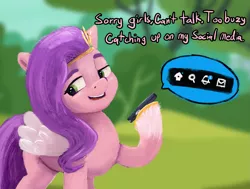 Size: 2311x1743 | Tagged: safe, artist:dummyhorse, derpibooru import, pipp petals, pegasus, pony, my little pony: a new generation, blurry background, dialogue, female, g5, image, phone, png, social media, solo, that pony sure does love phones, tree