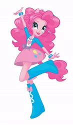 Size: 472x807 | Tagged: safe, official, pinkie pie, equestria girls, boots, box art, bracelet, clothes, heart, image, jacket, jewelry, jpeg, jumping, lipstick, official art, ponied up, shoes, simple background, skirt, smiling, stock vector, white background