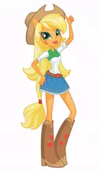 Size: 472x807 | Tagged: safe, official, applejack, equestria girls, belt, boots, box art, clothes, cowboy hat, hat, image, jpeg, lipstick, official art, ponied up, shirt, shoes, simple background, skirt, stetson, stock vector, white background