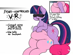 Size: 1688x1284 | Tagged: suggestive, artist:blitzyflair, derpibooru import, pinkie pie, twilight sparkle, twilight sparkle (alicorn), alicorn, earth pony, pony, belly, big belly, chubby, dialogue, duo, faceless female, fat, female, females only, glow, glowing horn, grabbing, horn, image, jpeg, life bar, magic, mare, offscreen character, on top, open mouth, plump, pudgy pie, simple background, text, virtual reality, vr goggles, white background, wide hips