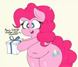 Size: 2362x2036 | Tagged: safe, artist:blitzyflair, derpibooru import, pinkie pie, earth pony, pony, belly button, bipedal, christmas, chubbie pie, chubby, early, fat, female, happy, holding, holiday, image, jpeg, mare, open mouth, plump, present, smiling, solo, talking to viewer, wide hips