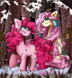 Size: 2500x2700 | Tagged: safe, artist:its_sunsetdraws, derpibooru import, fluttershy, pinkie pie, butterfly, earth pony, insect, pegasus, cheek fluff, coloredlineart, digital art, fanart, female, flutterpie, forest, forestbackground, grass, image, lesbian, looking up, png, redraw, reflection, shipping, standinginwater, tree