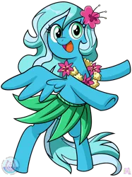 Size: 774x1033 | Tagged: safe, artist:chibi-jen-hen, artist:mewtwo-ex, derpibooru import, oc, oc:sea sailor, pegasus, pony, bipedal, blue, clothes, dancing, female, flower, grass skirt, green eyes, hibiscus, hula dance, image, lei, looking at you, mare, pegasus oc, png, simple background, skirt, smiling, smiling at you, spread wings, transparent background, wings