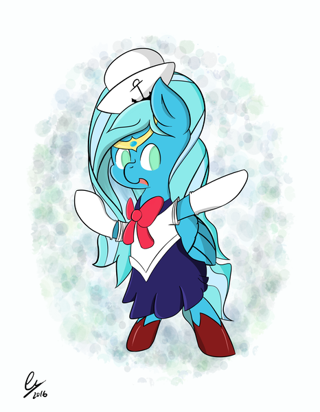 Size: 3199x4116 | Tagged: safe, artist:phin-the-pie, derpibooru import, oc, oc:sea sailor, unofficial characters only, pegasus, pony, anchor, blue, boots, bow, bowtie, clothes, cosplay, costume, crest, crossover, cute, ear fluff, female, green eyes, happy, hat, image, mare, no pupils, pegasus oc, peytral, png, pointing, sailor, sailor hat, sailor moon, sailor uniform, shoes, signature, simple background, skirt, small mouth, socks, uniform, wings