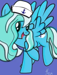 Size: 777x1029 | Tagged: safe, artist:mezairplush, derpibooru import, oc, oc:sea sailor, pegasus, pony, anchor, big mane, blue, blue background, close-up, female, green eyes, hat, image, jpeg, looking at you, mare, pegasus oc, sailor, sailor hat, signature, simple background, smiling, smiling at you, wings