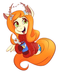 Size: 500x607 | Tagged: safe, artist:bonusjosh, derpibooru import, oc, oc:spirit, unofficial characters only, pegasus, pony, antlers, christmas, christmas lights, clothes, coffee mug, female, holiday, hoof hold, image, mare, mug, open mouth, open smile, png, simple background, smiling, solo, sweater, transparent background, turtleneck, wrench