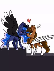 Size: 564x752 | Tagged: safe, artist:zemarai, derpibooru import, princess luna, oc, oc:royale royce, unofficial characters only, alicorn, blushing, canon x oc, heart, horn, horns are touching, image, jpeg