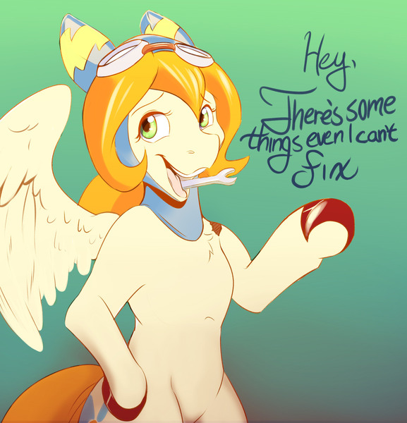 Size: 1280x1331 | Tagged: safe, artist:bonusjosh, derpibooru import, oc, oc:spirit, unofficial characters only, pegasus, pony, bipedal, dialogue, female, goggles, gradient background, image, jpeg, mare, mouth hold, solo, wrench