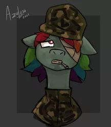 Size: 1300x1500 | Tagged: safe, artist:azulejo, derpibooru import, rainbow dash, angry, cigarette, hat, image, png, short hair, short mane, simple background, soldier