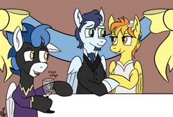 Size: 1802x1225 | Tagged: safe, artist:whirlwindflux, derpibooru import, soarin', spitfire, oc, oc:whirlwind flux, pegasus, pony, firestarter spitfire, clothes, costume, dress, facial hair, female, glass, goatee, image, looking at each other, male, mare, marriage, png, shadowbolts costume, shipping, soarinfire, stallion, straight, tuxedo mask, wedding, wedding dress, wine glass