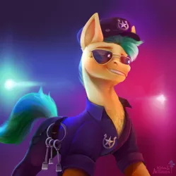 Size: 2892x2900 | Tagged: safe, artist:khvorost162, artist:mithriss, derpibooru import, hitch trailblazer, earth pony, pony, my little pony: a new generation, collaboration, g5, grin, high res, image, male, png, sheriff, smiling, solo, stallion, sunglasses